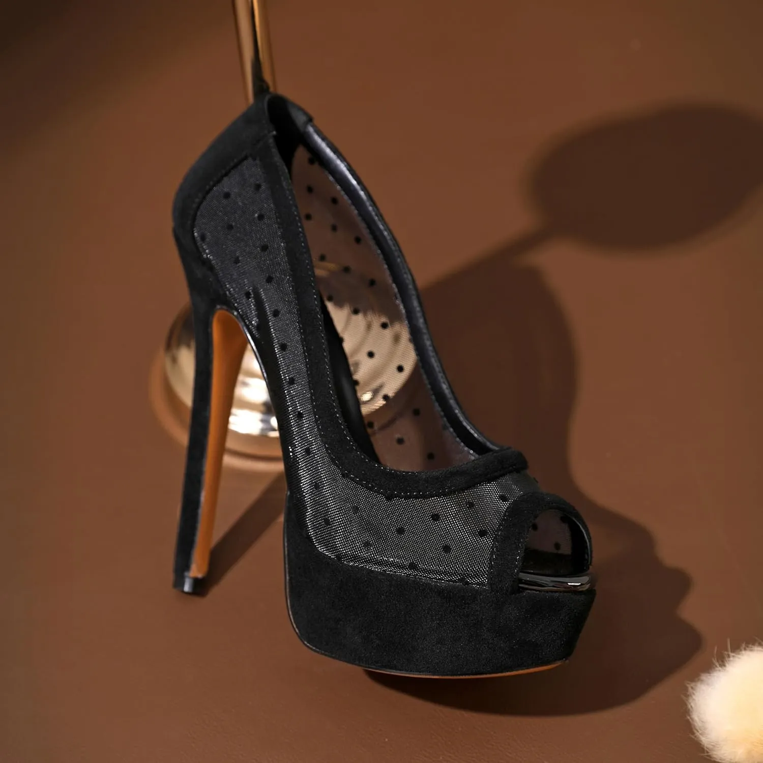 AUMOTED Women's Peep Toe High Heel Platform Stiletto Pumps Slip On Patent Mesh Polka Dot Heels 5.5" Party Wedding Dress Shoes