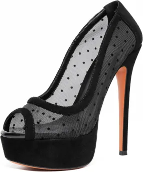 AUMOTED Women's Peep Toe High Heel Platform Stiletto Pumps Slip On Patent Mesh Polka Dot Heels 5.5" Party Wedding Dress Shoes