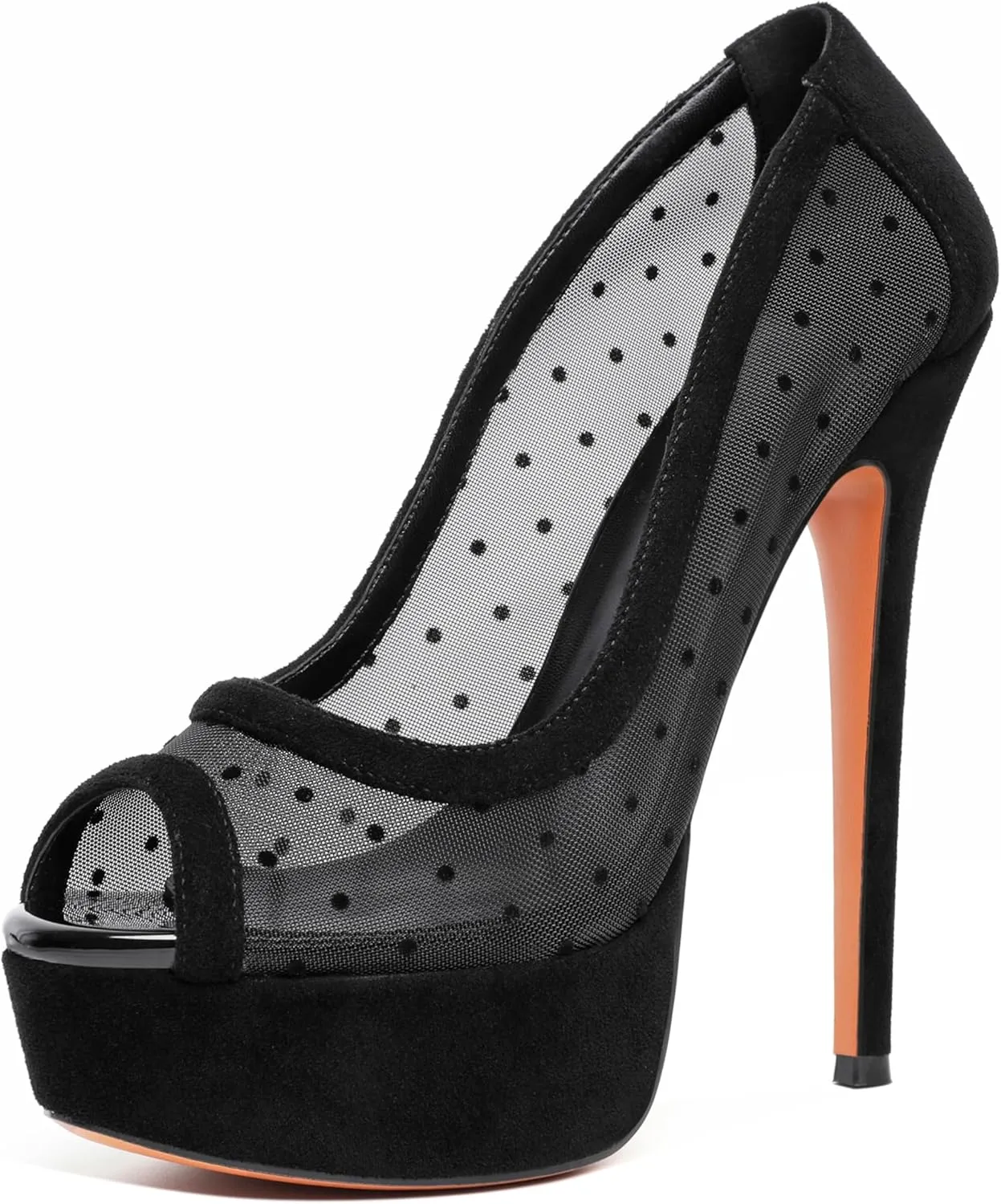 AUMOTED Women's Peep Toe High Heel Platform Stiletto Pumps Slip On Patent Mesh Polka Dot Heels 5.5" Party Wedding Dress Shoes