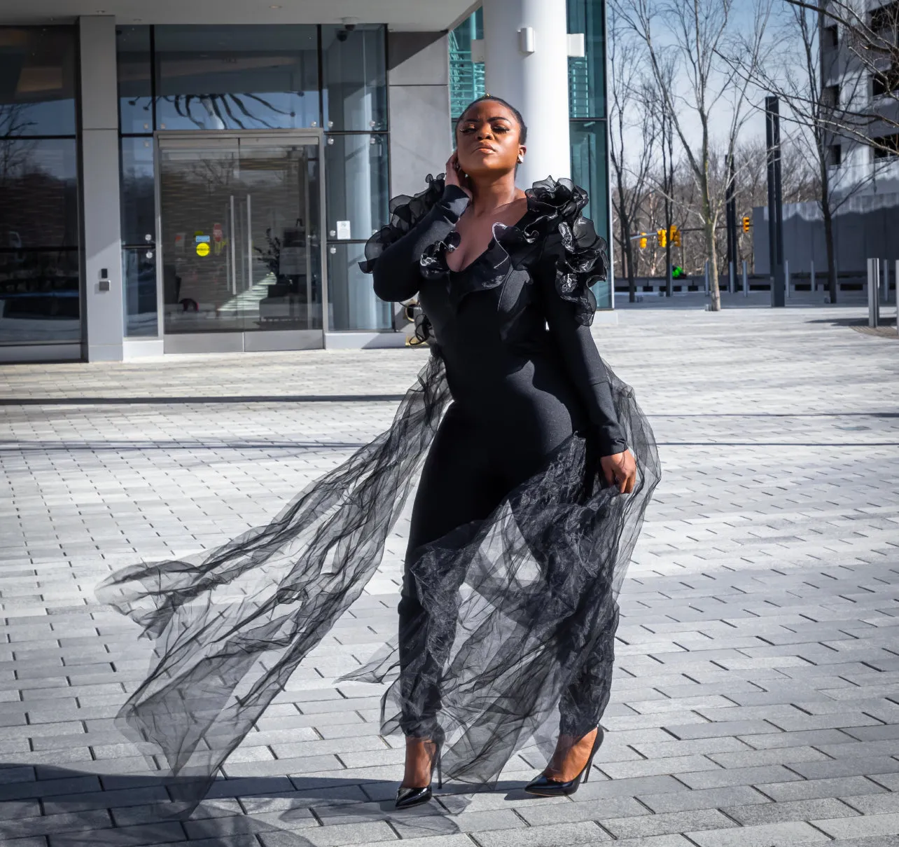 Black Bandage V Neck Long Sleeve Jumpsuit