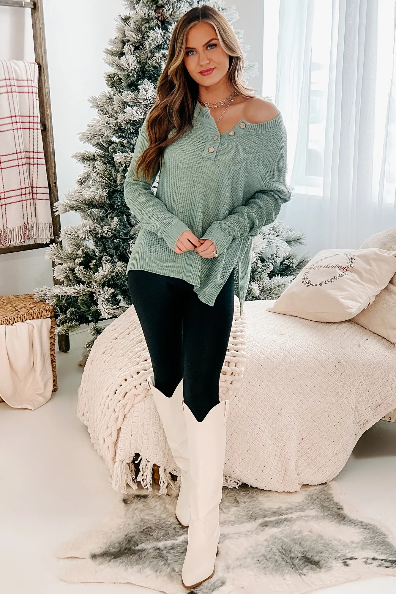 Easy Living Waffle Knit Sweater (Dusty Mint)