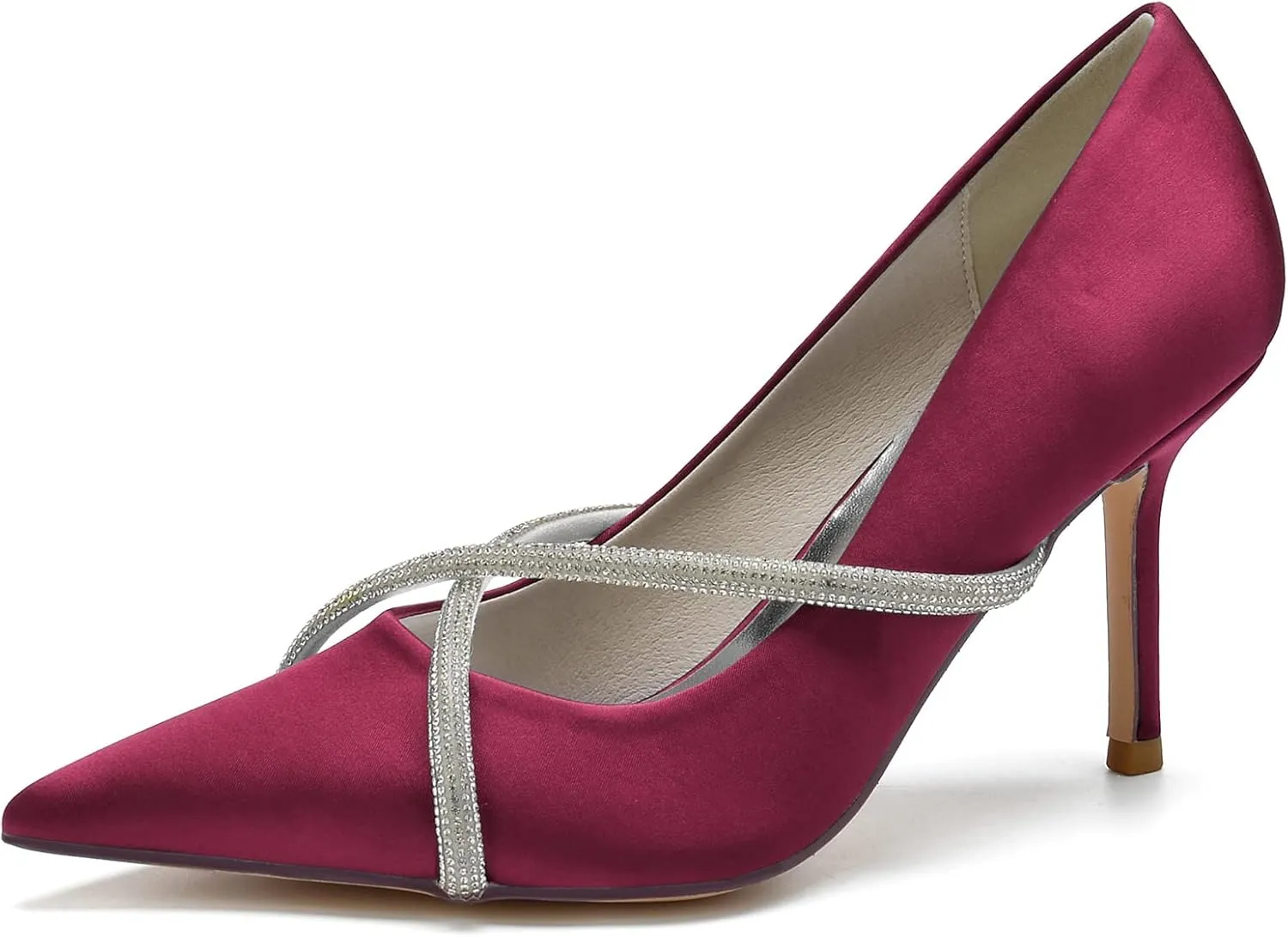 FufoneUS Bridal Shoes Stilettos 3 Inch Slip on Formal Dress Shoes for Ladies Wedding Party Evening Work,Burgundy,6