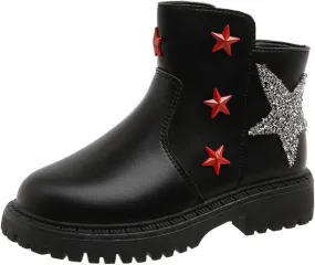 Girls Glitter Star Pattern Leather Ankle Boots Cute Cozy Rubber Bottom Non Slip Teen Winter Boots Girls