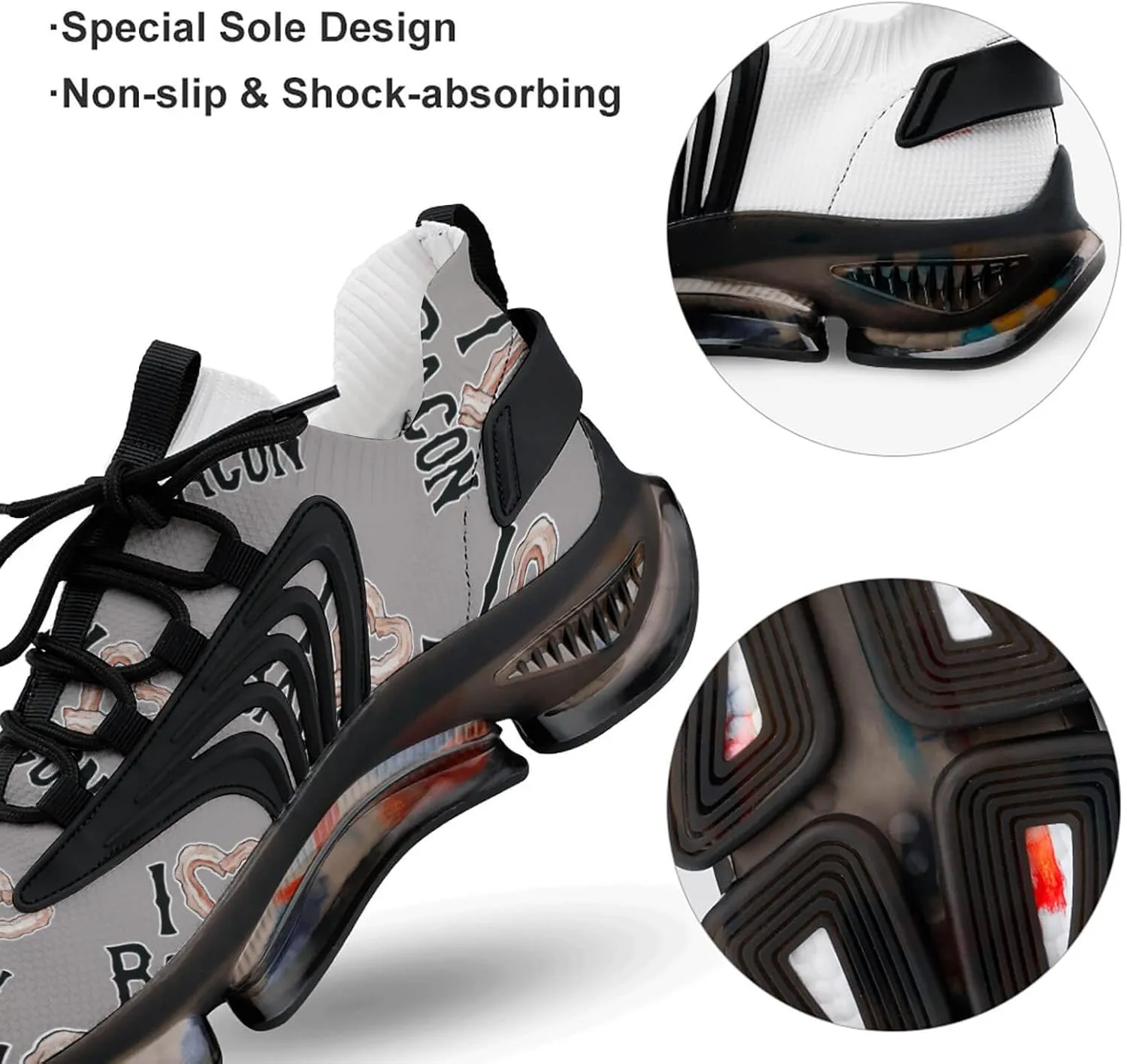 I Love Bacon Mens Running Shoes Lightweight Walking Tennis Shoes Soft Soled Elastic Cushion Basketball Shoes
