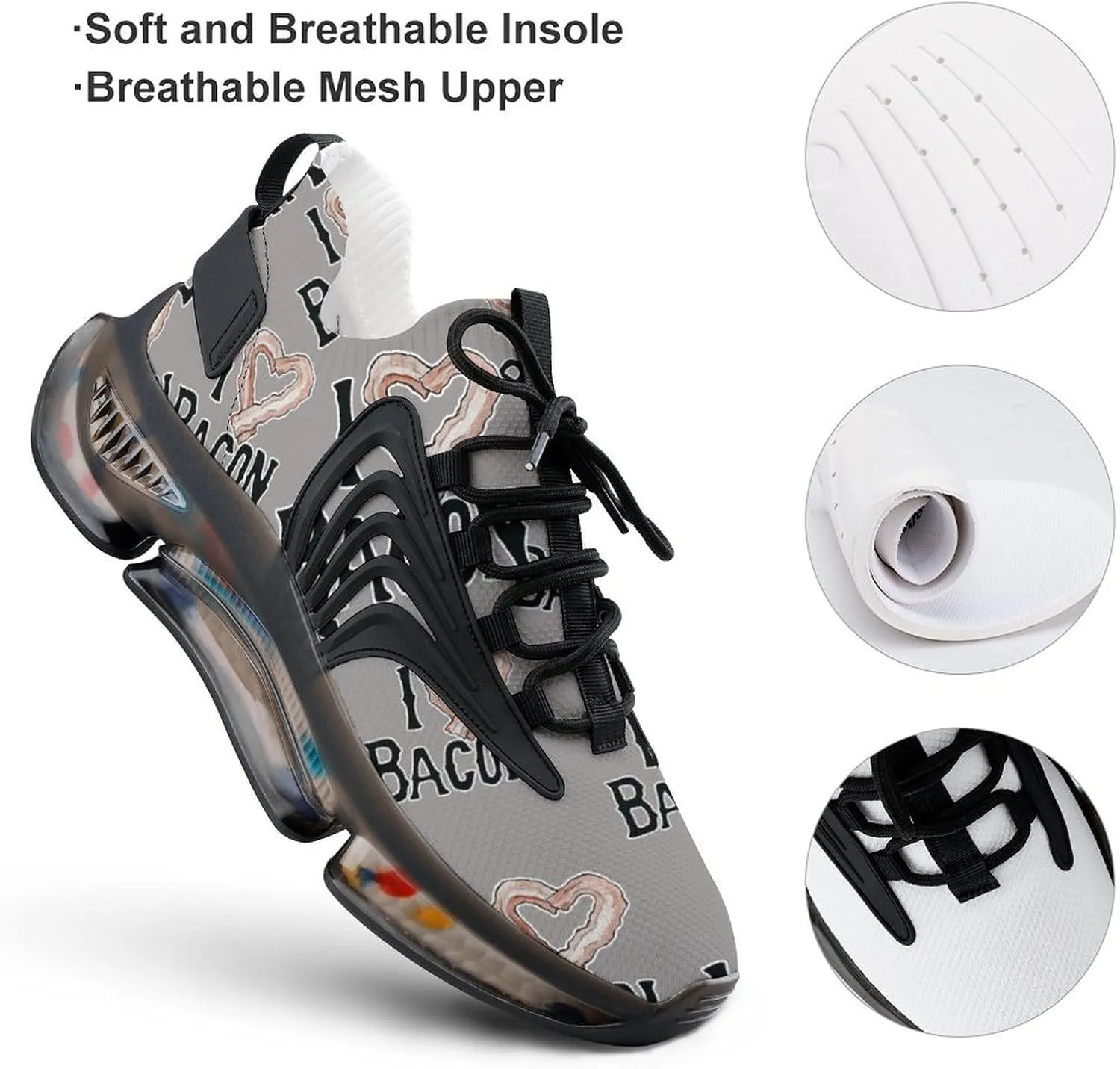I Love Bacon Mens Running Shoes Lightweight Walking Tennis Shoes Soft Soled Elastic Cushion Basketball Shoes