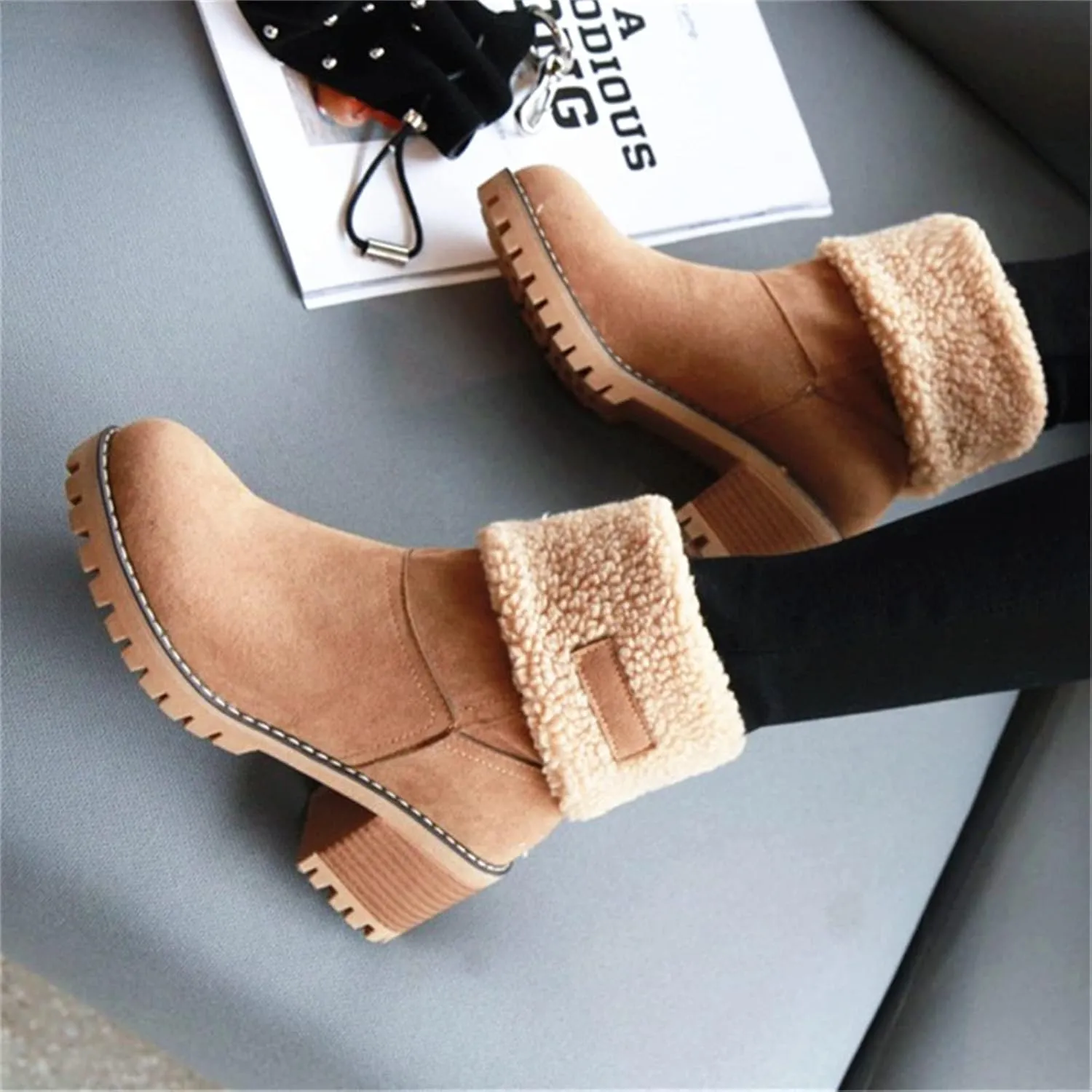 Ladmiple Snow Boots For Women Wide Calf Warm Fur Lined Winter Outdoor Short Ankle Booties Slip On Comfortable Walking Shoes