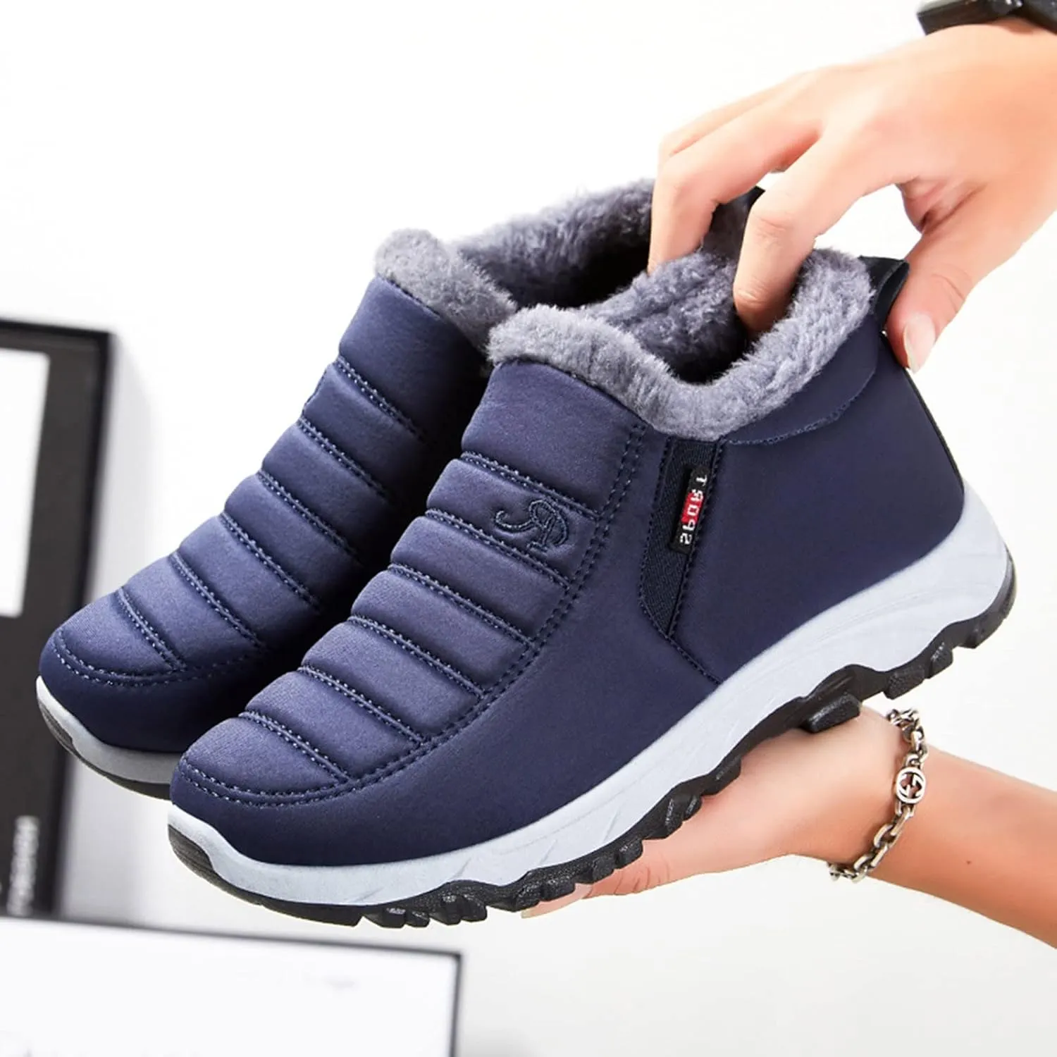 Men's Winter Slip On Snow Boots Warm Faux Fur Lined Cold Shoes Winter Boot Leather Outdoor Thermal Work Ankle