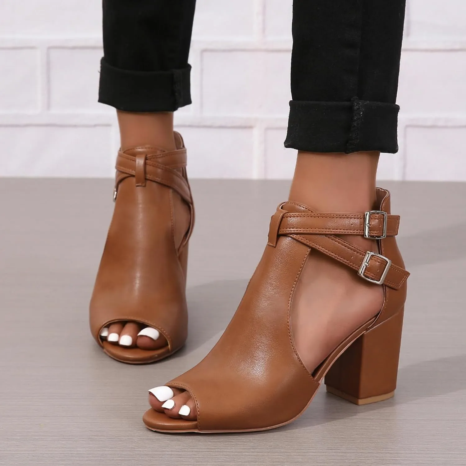 Peep Toe Heeled Sandals for Women Open Toe Side Cutout Chunky Heels Adjustable Ankle Buckle Summer Booties US5-11