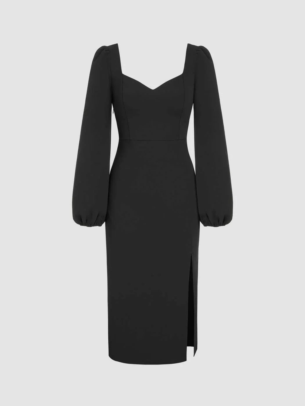 Solid Sweetheart Neck Lantern Sleeve Side Slit Dress In Black