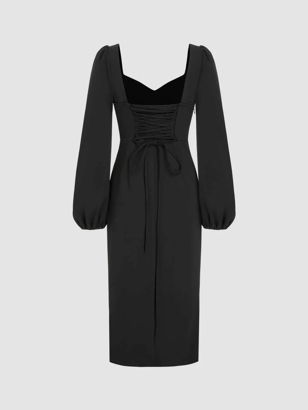 Solid Sweetheart Neck Lantern Sleeve Side Slit Dress In Black
