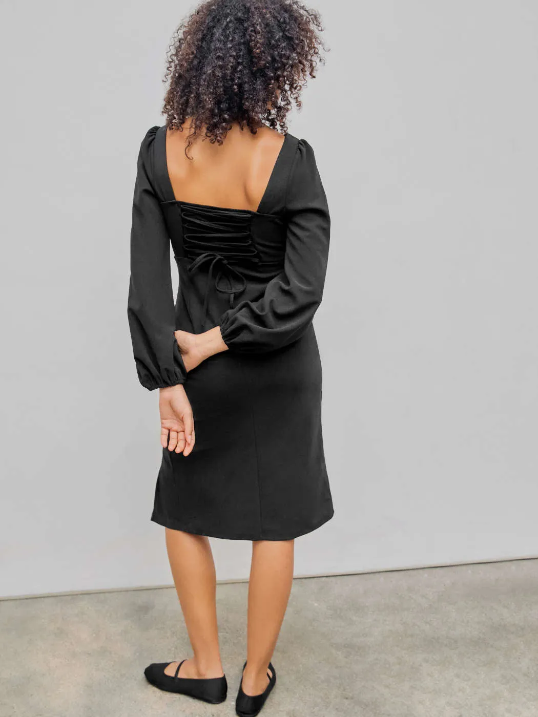 Solid Sweetheart Neck Lantern Sleeve Side Slit Dress In Black