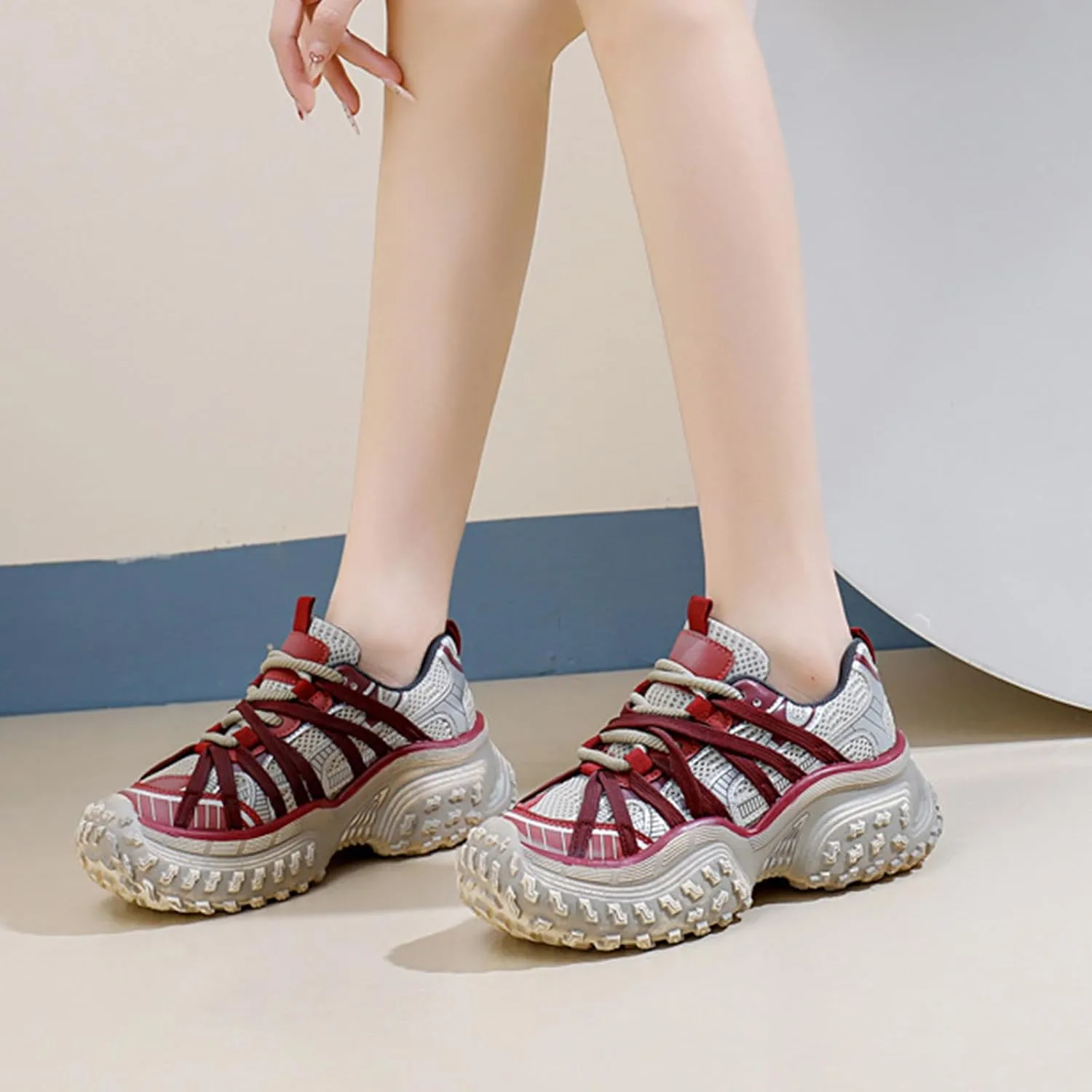 Women's Fashion Sneakers - Lightweight Mesh Platform Trainers with Chunky Dad Shoe Design, Breathable for Autumn, Ideal for Students, Casual and Sports Wear,Red-38