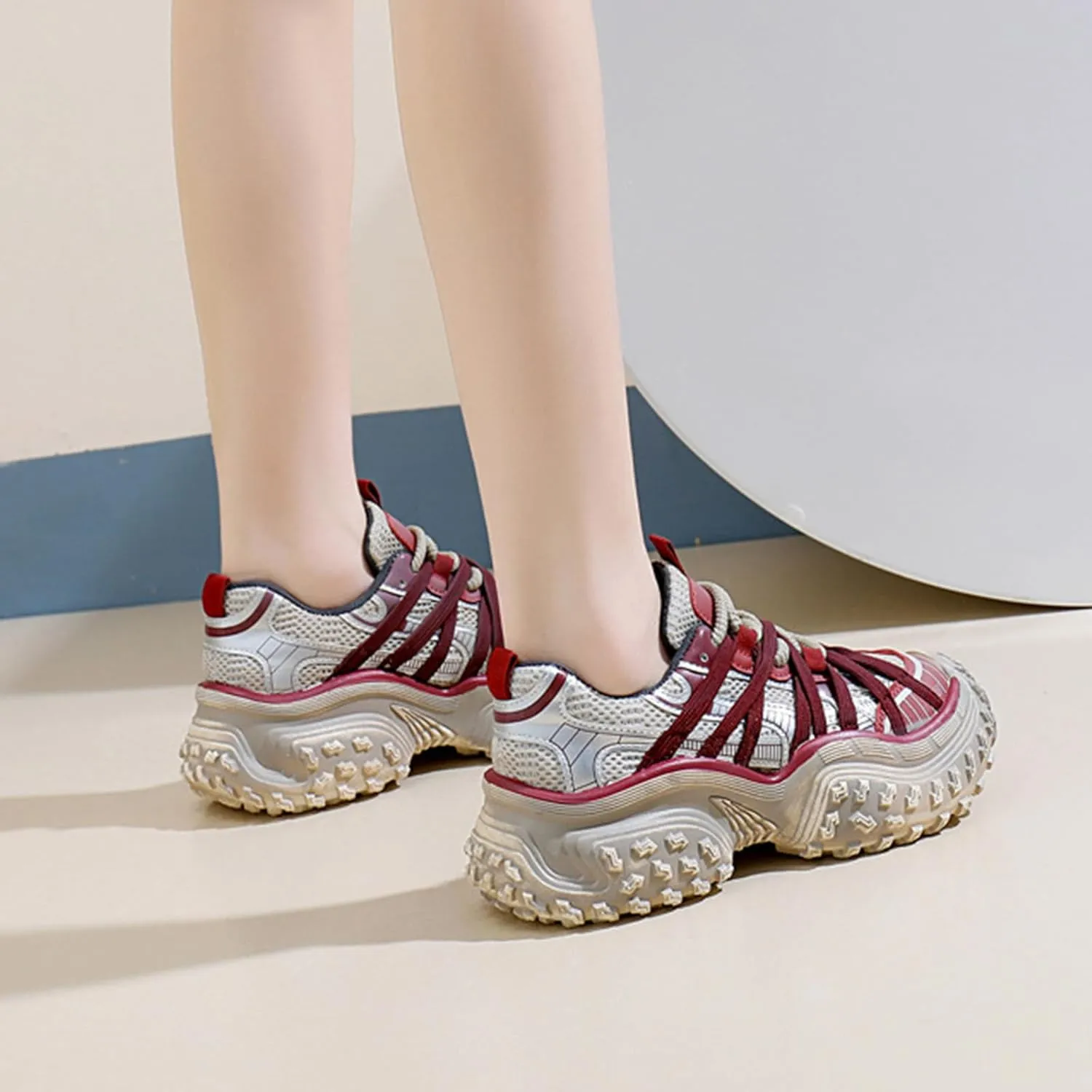 Women's Fashion Sneakers - Lightweight Mesh Platform Trainers with Chunky Dad Shoe Design, Breathable for Autumn, Ideal for Students, Casual and Sports Wear,Red-38