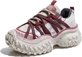 Women's Fashion Sneakers - Lightweight Mesh Platform Trainers with Chunky Dad Shoe Design, Breathable for Autumn, Ideal for Students, Casual and Sports Wear,Red-38