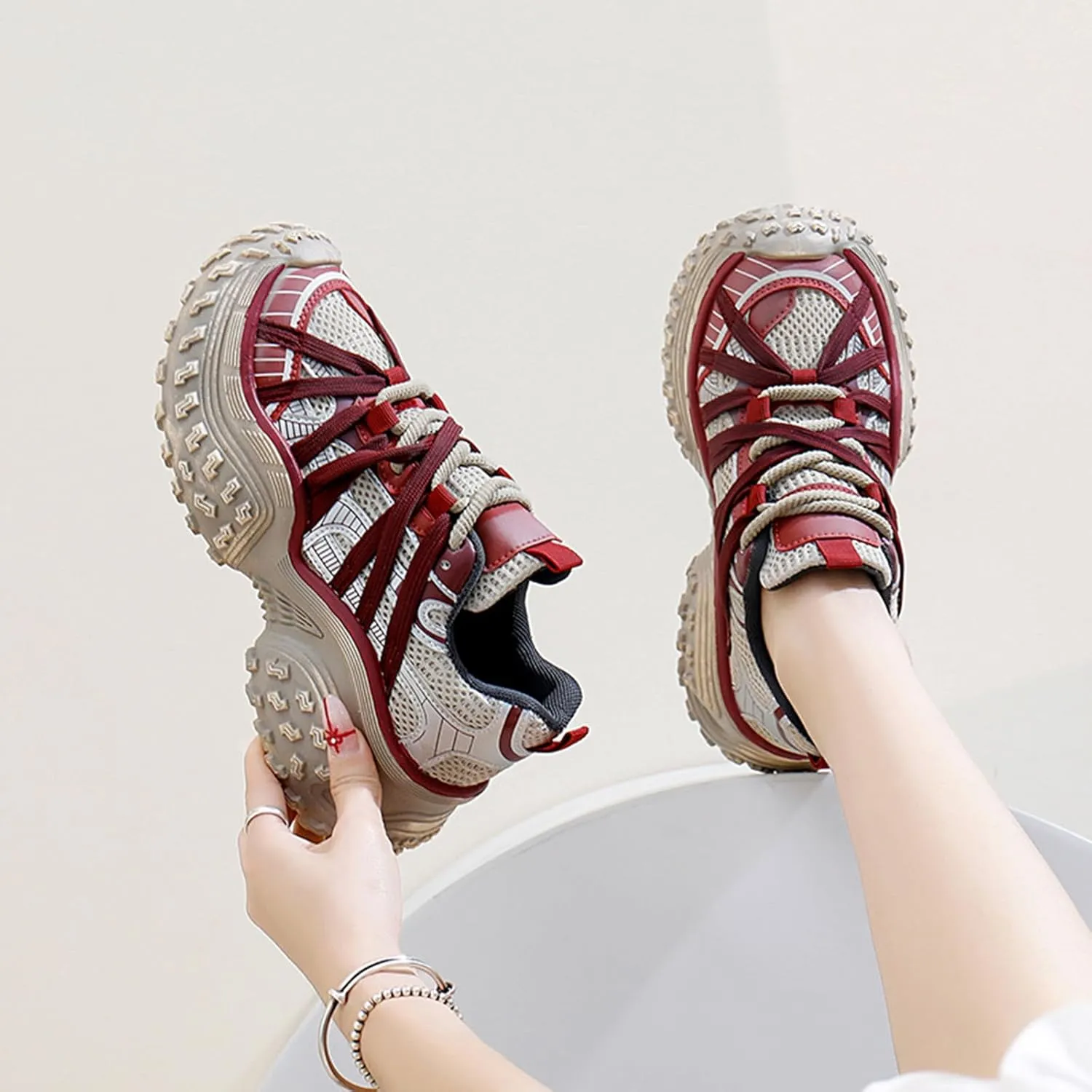 Women's Fashion Sneakers - Lightweight Mesh Platform Trainers with Chunky Dad Shoe Design, Breathable for Autumn, Ideal for Students, Casual and Sports Wear,Red-38
