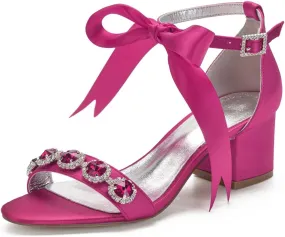 Women's Wedding Shoes for Bride Chunky Heeled Sandals Rhinestones Block Bridal Shoes with Ribbon Tie