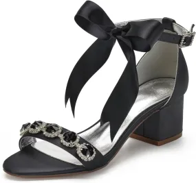 Women's Wedding Shoes for Bride Chunky Heeled Sandals Rhinestones Block Bridal Shoes with Ribbon Tie