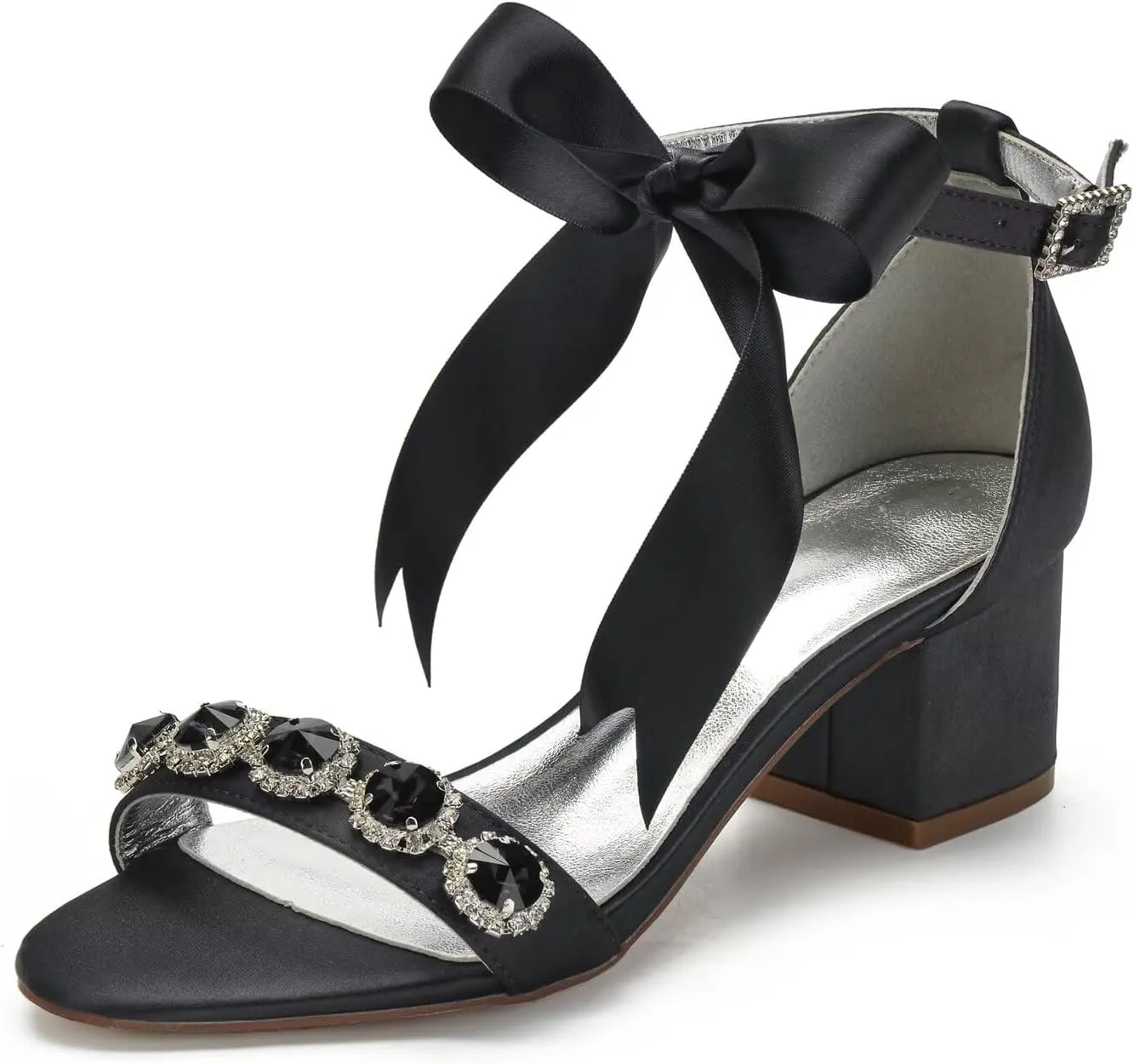 Women's Wedding Shoes for Bride Chunky Heeled Sandals Rhinestones Block Bridal Shoes with Ribbon Tie