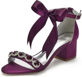 Women's Wedding Shoes for Bride Chunky Heeled Sandals Rhinestones Block Bridal Shoes with Ribbon Tie