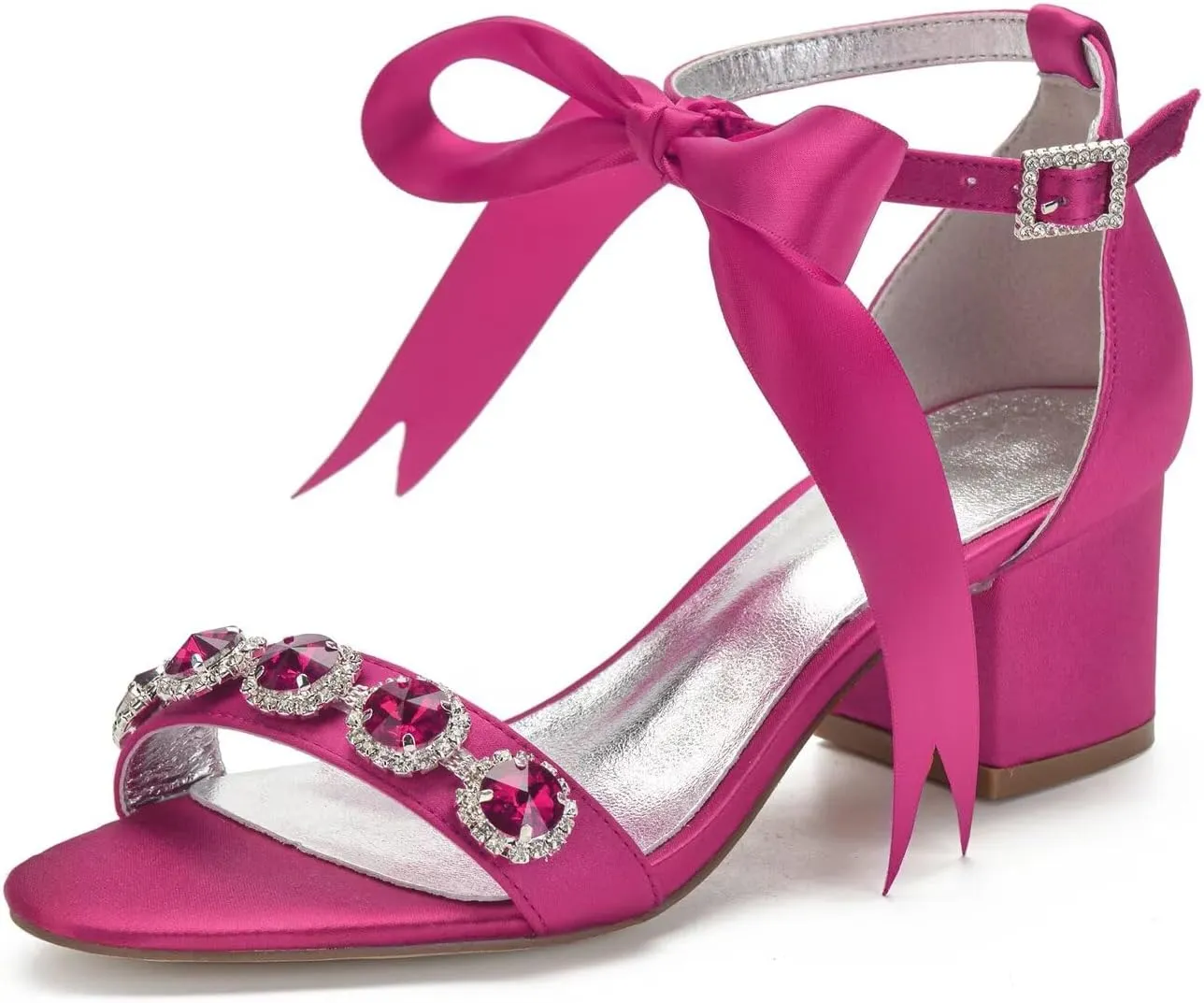 Women's Wedding Shoes for Bride Chunky Heeled Sandals Rhinestones Block Bridal Shoes with Ribbon Tie